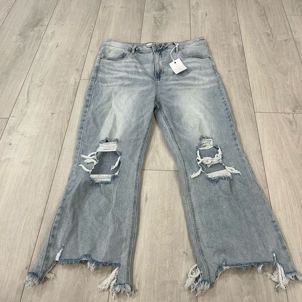 Risen Light Wash High Rise Straight Crop Jeans Shark Bite Hem Size 2XL